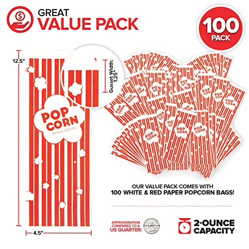 image for Stock Your Home 2 oz Paper Popcorn Bags Bulk (100 Pack) Large Red & Wh
