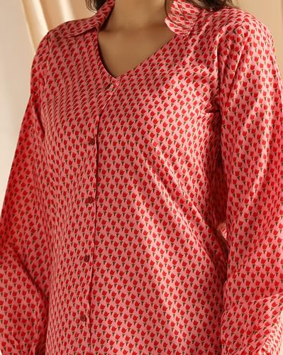 Image of DHRUVI TRENDZ Co Ord Set for Women Stylish | Ethnic Cotton Casual Cord Set | Stylish Summer Kurta & Pant Set | Casual Daily Outfit Night Suit for Women | Full Sleeve Top with Relaxed Fit Trousers