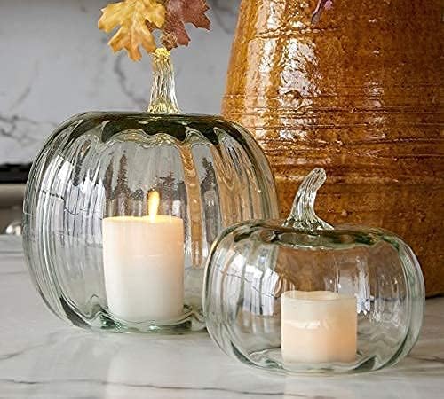 Jagat JANNI Home Decoration Clear Glass Pumpkin Shape Cloches/Candle Holder for New Year, Diwali (8 Inches)