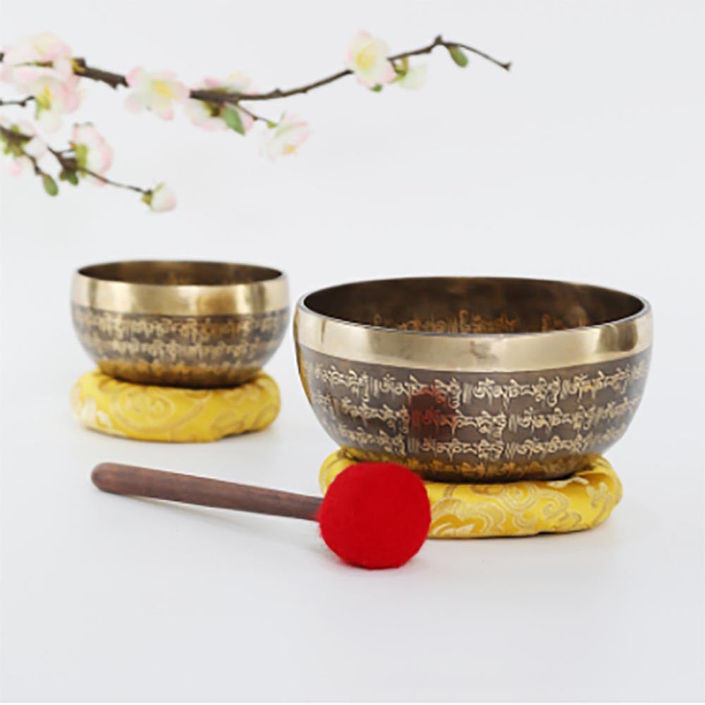 Set di campane tibetane con bastone in pelle, knock& Cushion-facile da suonare – bel suono per guarigione olistica, sollievo dallo stress, meditazione e relax
