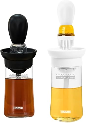TINMIX Dispensador de aceite con cepillo, paquete de 2 botellas dispensadoras de aceite de oliva de vidrio con cepillo de silicona para cocina,