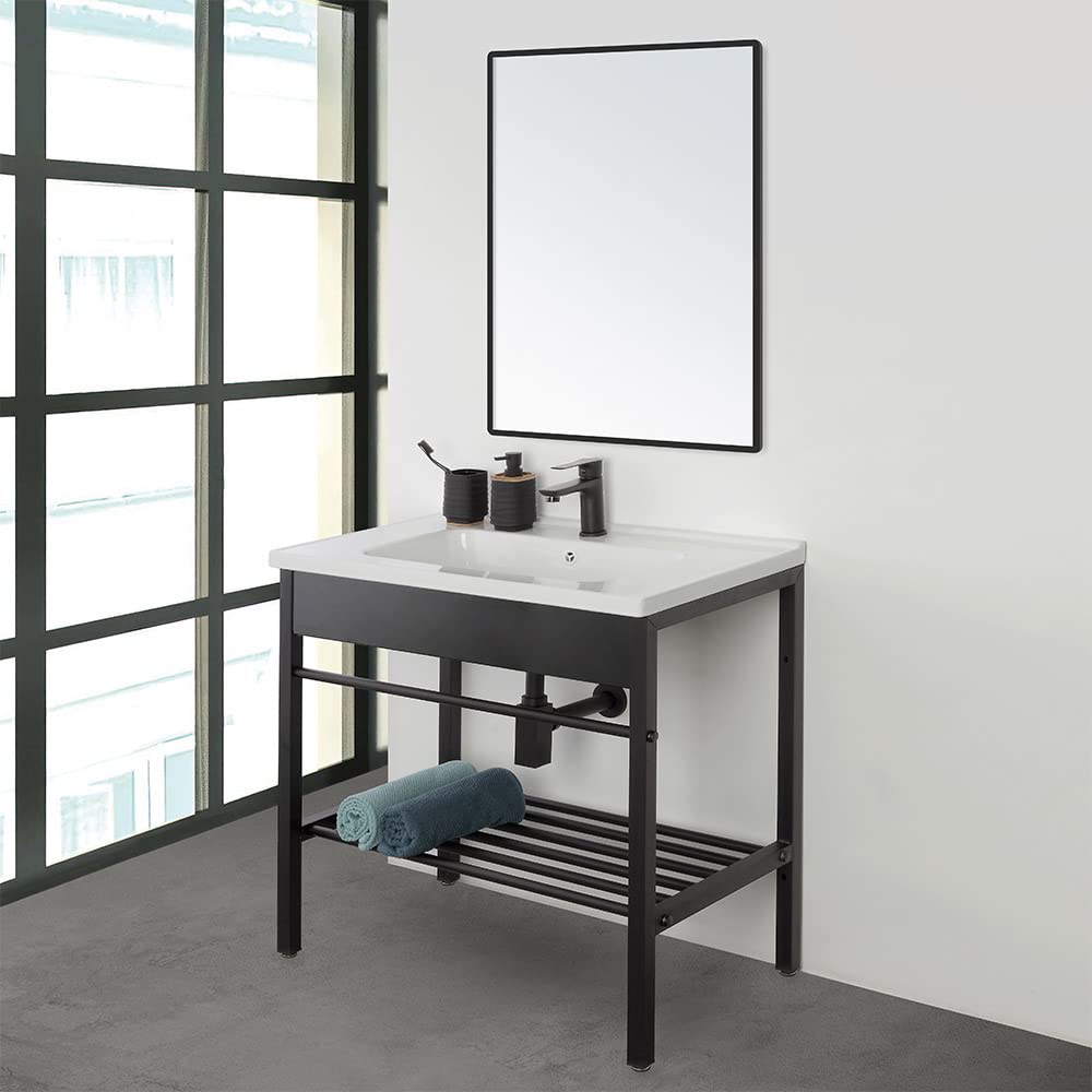 Inbagno Mobile bagno a terra 60 cm nero opaco, stile industrial completo di lavandino e specchio reversibile, Borg (Larghezza 60 cm)