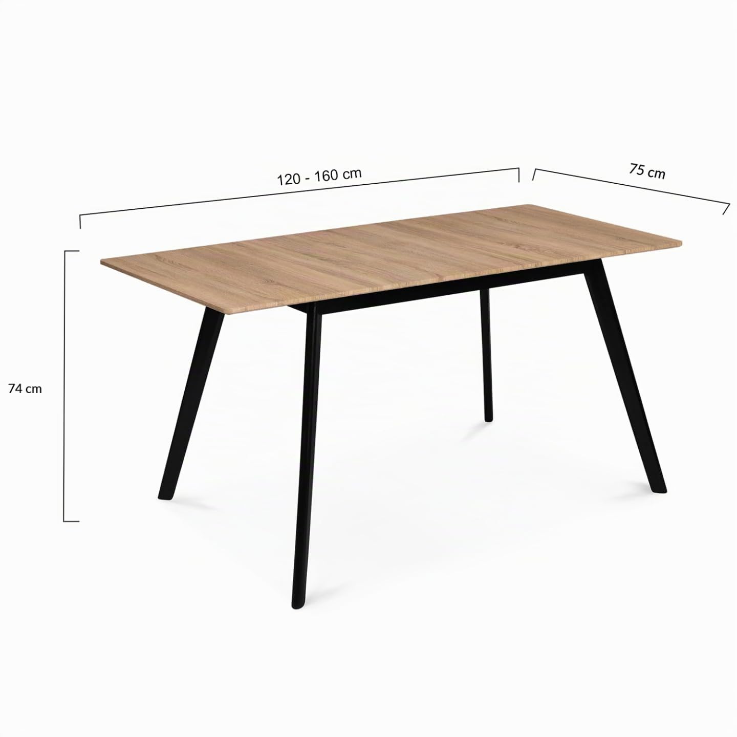 IDMarket – Mesa escandinava extensible rectangular Inga 4-8 personas, bandeja madera, patas negras, 120-160 cm