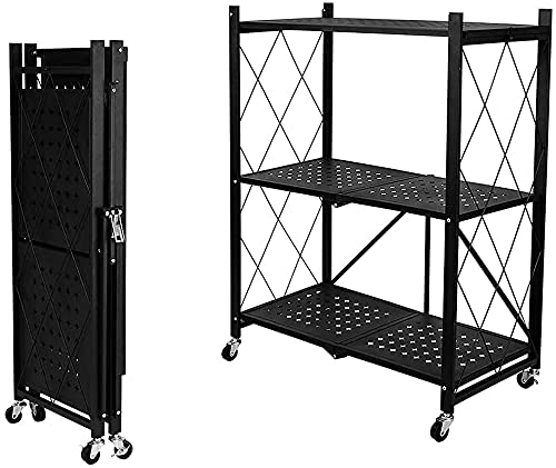HOME CUBE 1 Pc 3 Layer Multifunctional Foldable Floor Standing Storage Rack with Caster Wheels,Metal Wire Rack, Heavy Duty, Space Saving Home Storage Organizer for Kitchen, Bedroom, Bathroom- Black