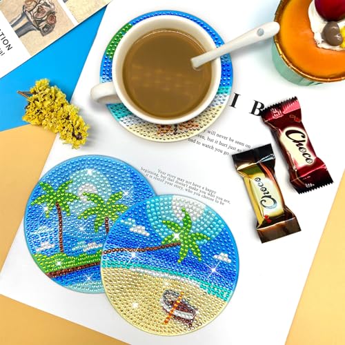 Image of ZTOTZ Ocean Diamond Art Coasters Kit, 8Pcs DIY Crafts | Includes Holder Stand, Cork Backing Pads, Ideal Christmas Gift, For Adults & Beginners, Round 3.9in / 10cm Size