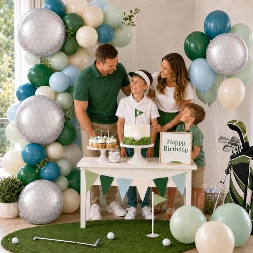 Image of Golf Party Balloons, 12 Inch Retro Blue Dark Light Green and White Latex Balloons with 18 Inch Round Golf Ball Foil Helium Balloon for Hole-in-One Sports Team Club Boys Men Birthdays Retirement Decor