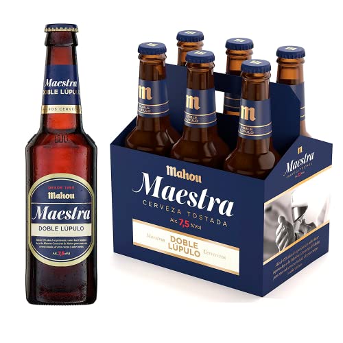 Mahou Maestra Doble Lúpulo, Pack de 6 Botellas x 33 cl, Cerveza Tostada Lager, Sabor Intenso y Espuma Cremosa, 7.5% Volumen de Alcohol