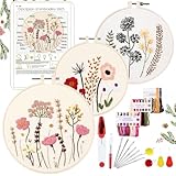 YINVA Stickerei Set Anfänger, Blumenmuster Pflanzen Kreuzstich-Kit Starter Tools Kit mit 2 Stück Kunststoff-Stickrahmen, Farbfäden und Werkzeuge, für DIY Kunst, Handwerk, Sticken (Rosa)