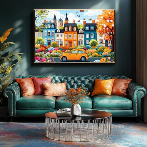 Image of Colorful City Street Jigsaw Puzzles for Adults 500 Pieces Spring Vintage Car and Flower Garden Scene Puzzle Family Challenging Funny Puzzle Perfect for Game Nights(21 inchx15 inch)
