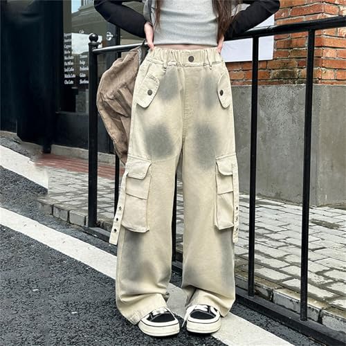 Kids Girls Denim Cargo Pants Casual Baggy Wide Leg Jeans High Waist Floor Length Jeans with Multi Pocket2