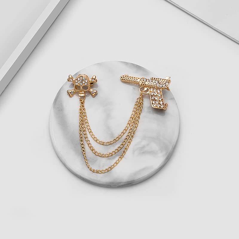 Image of Gothic Halloween Skull Hand Brooch Pin for Women Men Punk Vintage Crystal Skeleton Tassel Chain Lapel Pins Dark Skull Brooches Sweater Suit Accessory