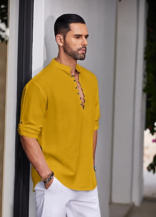Image of FINIVO FASHION Men's Straight Fit Cotton Blend Kurta with Foldable Sleeves & Formal Collar - Solid Color, Pack of One