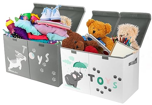 Hula Home Large Toy Box (2pc) - Lightweight Collapsible Sturdy Toy Storage Chest w/Flip-Top Lid & Handles (24.5´´ x 12´´ x 16´´) (Dog & Elephant)