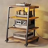 4 Ebenen HiFi Rack | mit Steckdosenleisten & Verstellbaren Ablage | 4 Schwenkbaren Rädern & 2 LED-Leuchten (APP-STEUERUNG) | 60X51X85cm Plattenspieler Tisch Medienständer HiFi Regal aus Holz & Stahl