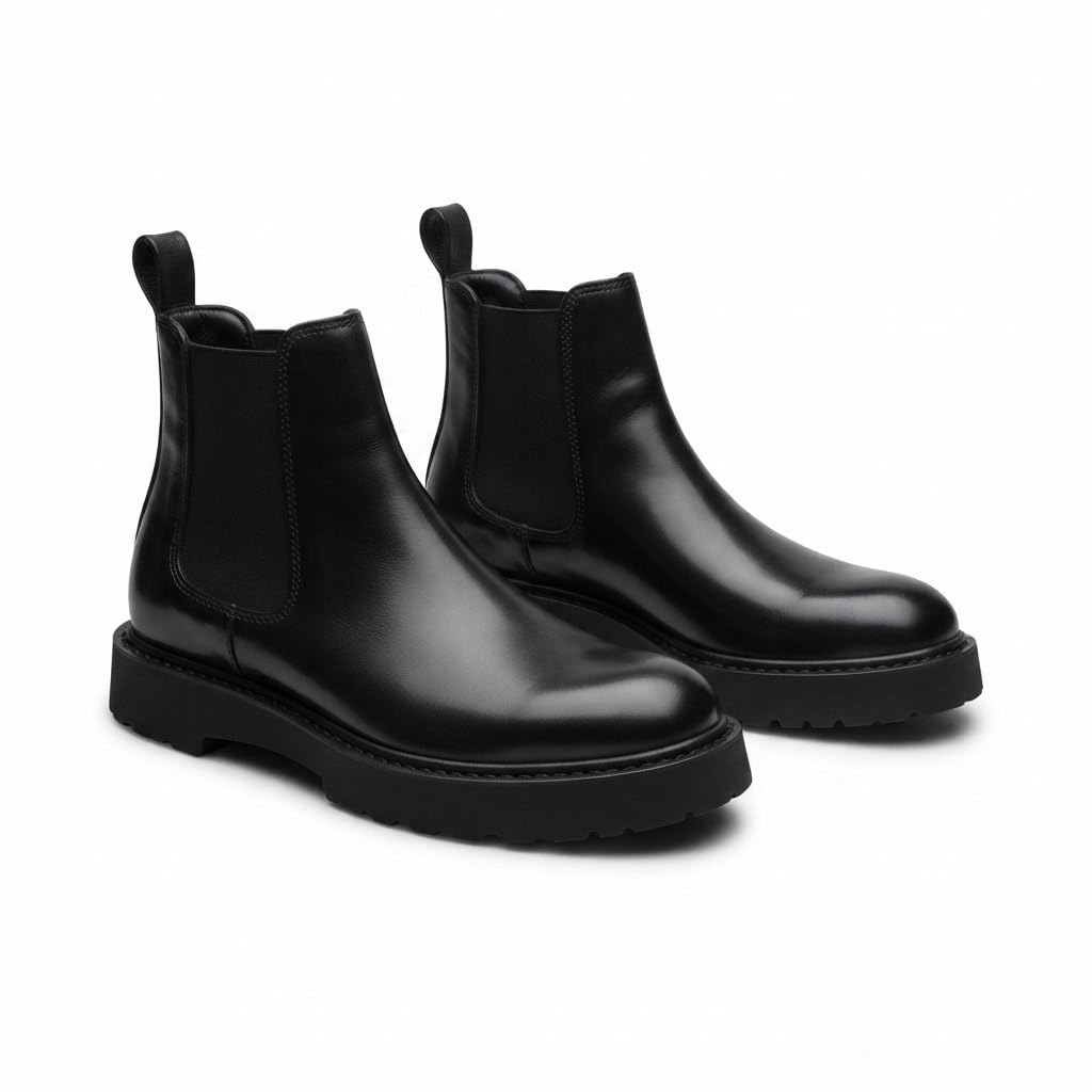 costoso italiano Men's Ammone Chelsea Boot, Black Leather, Thick Rubber Sole, The Royale Collection-picture-24
