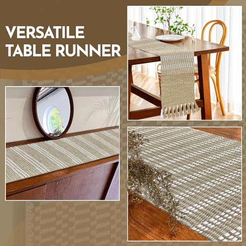 Image of Luxe Home Elegant Beige and White Woven Table Runner with Tassels - Mix Cotton Jute 13 x 72 Inch, Stripe - Perfect for Dining Table, Center Table, Decor