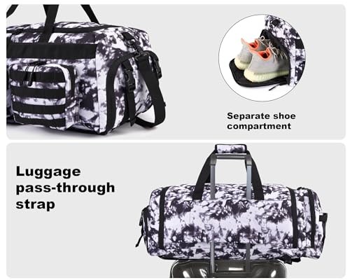 Image of LHI 50L Tactical Duffle Bag for Men, 3-in-1 Gym Duffle and Backpack, Shoe Compartment, Laptop Sleeve and MOLLE, Carry-On Travel Weekender and Overnight Bag - Black and White