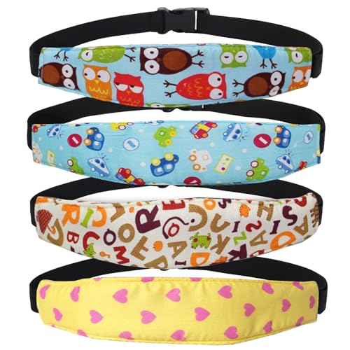 Image of 4 Pieces Baby Head Support for Car,ZWZCYZ Cute Pattern Car Seat Head Holder for Toddler Stroller Seat Sleeping Headrest Band with Adjustable Buckle Universal Kids Car Accessories (Blue+Coffee)