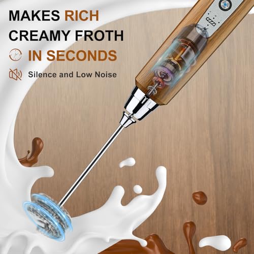 Image of YUSWKO Wood Grain Handheld Milk Frother Wand for Coffee, Rechargeable Electric Whisk with 3 Heads 3 Speeds Drink Mixer Coffee Frother For Latte, Cappuccino, Hot Chocolate, Egg