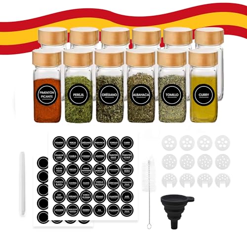 Genérico Botes Especias Cristal con Tapa de Bambu 12pcs, Frascos para Cocina, Tarros Especias Cristal 120mL, Especiero con 36 etiquetas en ESPAÑOL, Frascos Herméticos con Bolígrafo, Embudo y Cepillo