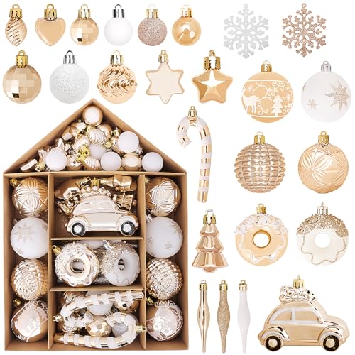 DeckTheHalls Christmas Ornaments 72 Count Christmas Balls Shatterproof Christmas Decorations for Tree Gold Plastic Ornaments Champagne