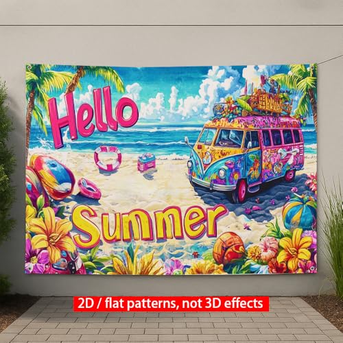 Image of 71x43 Inch Hello Summer Banner Retro Camper Van Beach Backdrop Floral Tropical Yard Decorations Seasonal Outdoor Decor Fence Sign