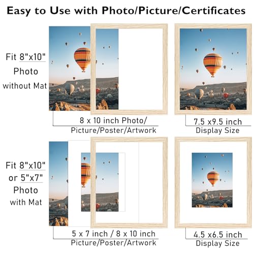Image of JCJMY 8x10 Picture Frame with 5x7 Mat for Wall Hanging or Tabletop, Display Photo 5x7 with Mat or 8x10 without Mat, 8 by 10 Wall Gallery Poster Photo Frame with Shatter Resistant Plexiglass, Natural