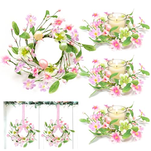 Image of 4 Pcs Easter Decorations for Home 12 Inch Small Easter Wreath with Colorful Eggs Flowers Berried Leaves Spring Mini Easter Wreath for Home Decor Table Kitchen Cabinets Mantle Wall Window Door