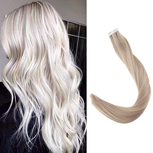[Surprise]18" Human Hair Extensions for Women Tape Hair Highlighted Color #18 Ash Blonde #24 Light Blonde and #60 Platinum Blonde 50g 20pcs Each Package Remy Hair
