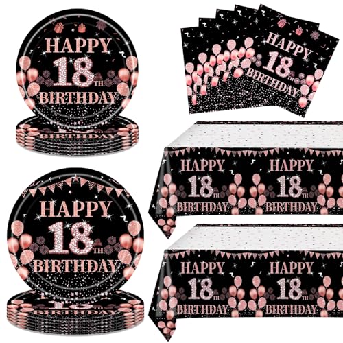 62Pcs 18th Birthday Decorations for Girls Her, Rose Gold Birthday Party Supplies Include 20 7''Plates 20 9'' Plates 20 Napkins and 2 Tablecloth, Rose Gold Princess Party Tableware for 20 Guests