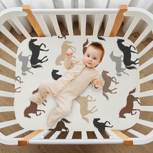 Image of Horses Beige Fitted Crib Sheet for Boys Girls Baby Mini Crib Sheets Fitted for Toddler Bed,52 X 28 in