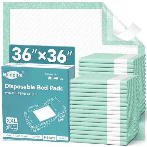 Image of MILDPLUS Bed Pads with Adhesive Strips 36''X36'', 30 Count Chucks Disposable Underpads Extra Large Thicker Incontinence Pads for Unisex Adult, Senior, Kids and Pet
