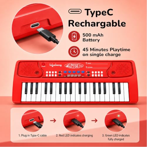 Image of Lifelong Wireless Rechargeable Piano Keyboard for Baby & Kids with Mic, Single Speaker, Portable Keyboard Piano, Type C Charging, Long Battery Life Musical Keyboard Gift for 2-8 Yrs (LLCKMP02)