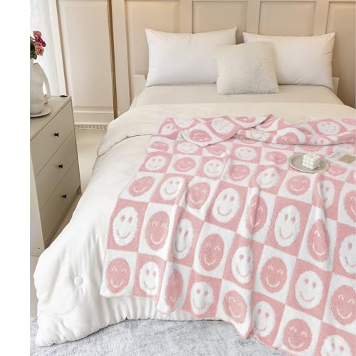 Image of Ultra Soft Cozy Happy Smiling Face Checkered Knitted Throw Blanket Fluffy Microfiber Checkerboard Bed Blanket Lightweight Both Sides Blanket for Couch Sofa Bed (Smile Pink, Throw 50 inchx60 inch)