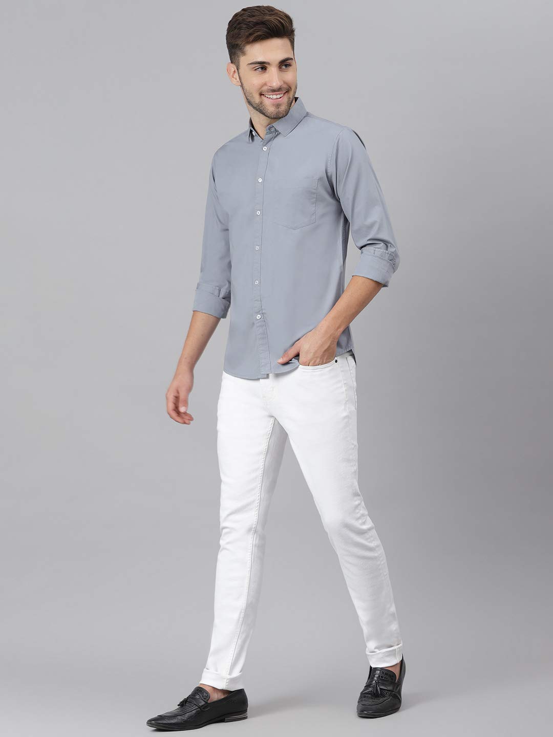 Dennis Lingo Men's Solid Sea Blue Slim Fit Cotton Casual Shirt (C301_D-Blue_S) 4