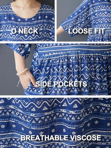Image of Women Plus Size Dresses Summer Vintage Print O Neck Oversized Boho Vacation Casual Robe with Side Pockets