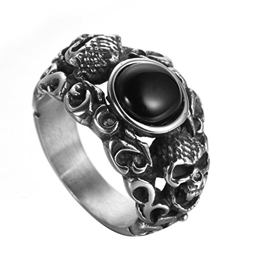 Herren Jahrgang Edelstahl Graviert Biker Schädel Ring mit Onyx Stein Größe 54