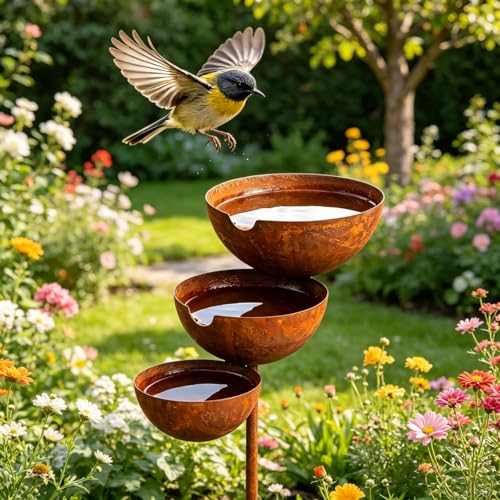 Rain Catcher Garden Stakes Decorative Seed Catcher for Bird Feeders Metal Bird Bath for Outside 2026 New Rain Catchers Garden Stake with 3-tiered Water Bowls Birds Bath & Butterfly Feeder for Outdoor