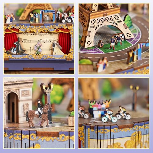 Image of Tonecheer Wooden Music Box Kit, DIY 3D Puzzle Rotating Music Box Kit Creative Musical Puzzles Crafts Model Building Kits Desk Decor Birthday Holiday Gift (Romantic Paris)