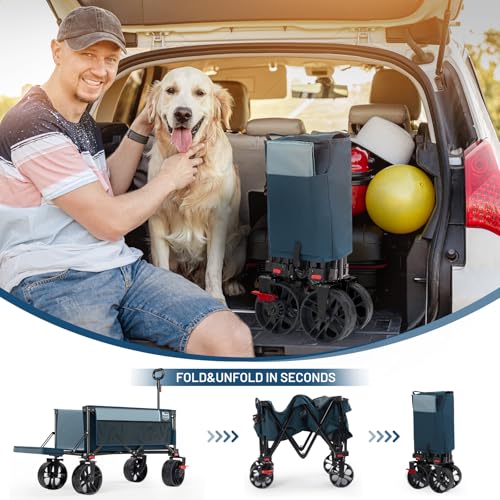 Image of Timber Ridge Beach Wagon with Tailgate, 300 lbs Heavy Duty Collapsible Wagon with All-Terrain Big Brakes Wheels, Foldable Utility Cart for Sand Sports Shopping, Blue