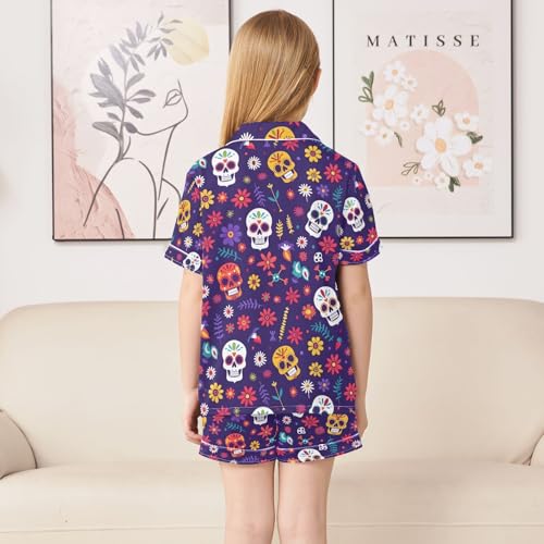 ALAZA Sugar Skull Flower Floral Cute Pajamas Satin Pajama Set Short Sleeve Button Down Sleepwear4