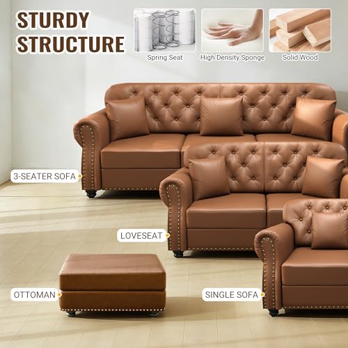 Image of KEIKI 63 inch Faux Leather Chesterfield Sofa with Rolled Arms & Nailhead Trim, Modern Style 2-Seater Button Tufted Couch with High Resilience Cushion & 2 Pillow, Easy Assembly, for Living Room, Brown