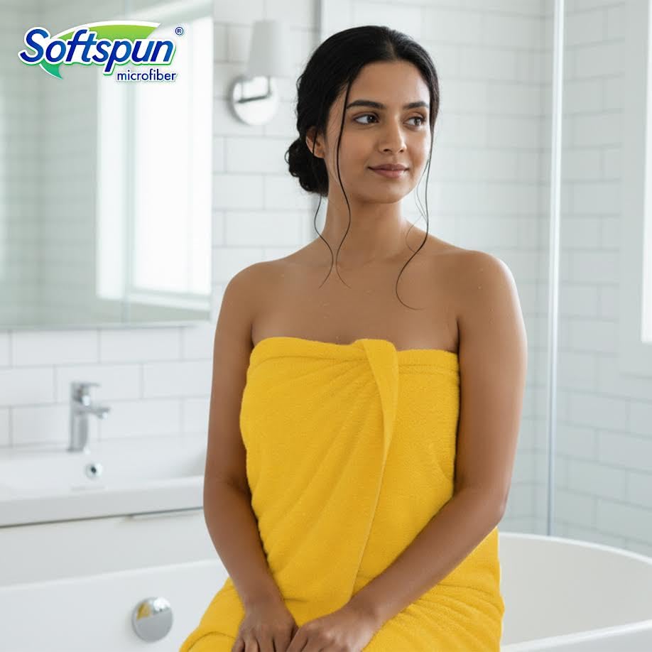 Image of SOFTSPUN Microfiber High Loop Bath & Hair Care Towel, 70X140 Cms 1 pcs Towel Set 380 GSM (Yellow).