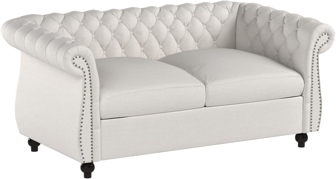 GDFStudio Christopher Knight Home Karen Traditional Chesterfield Loveseat Sofa, Beige and Dark Brown, 61.75 x 33.75 x 27.75 & Great Deal Furniture Alfred Fabric Club Chair, Natural with Ottoman : Home & Kitchen