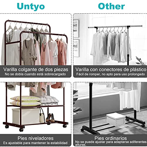 Untyo Clothing Rack With Wheels Double Rails Clothes Rack Rolling Rack For Indoor Bedroom Clothes Rack Max Load 110Lbs Shelf On Wheels(Bronze) #TOP1