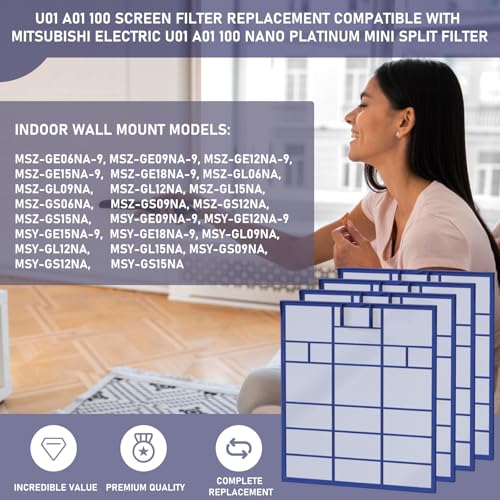 Image of U01 A01 100 Replacement Filter Compatible with Mitsubishi Electric U01 A01 100 Nano Platinum Mini Split Filter, 4 Pack