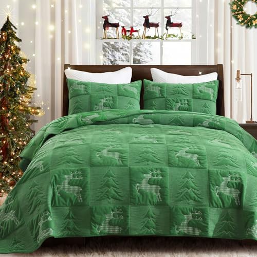 Image of Grassix Christmas Quilt Set King Size, Holiday Bedding Coverlet, Green | Tree & Reindeer Pattern, Soft Lightweight Christmas Velvet Bedspread with 2 Shams,Thin Comforter All-Season, 108 x 96 in