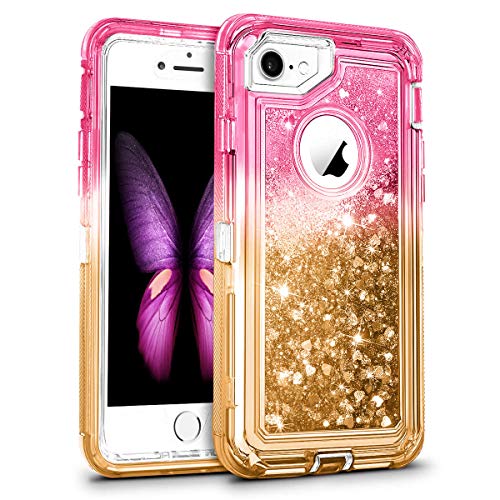 Cellularvilla Glitter Heavy Duty Girly Liquid Bling Quicksand Hybrid Shockproof Hard Bumper Soft Clear Rubber Protective Case Cover Compatible with Apple iPhone 7/8 (Pink Gold)