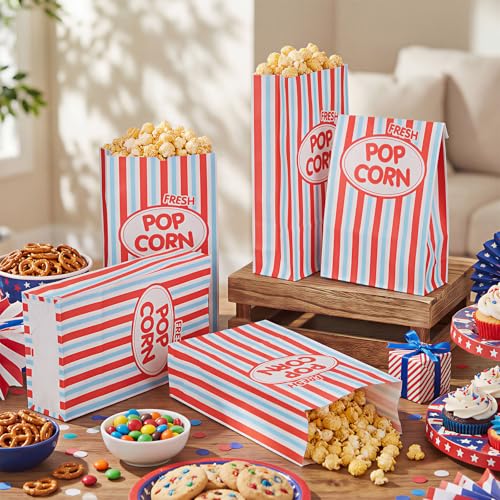Image of Potchen 200 Pcs Paper Popcorn Bags Bulk 2 oz Large Individual Serving Popcorn Bag Flat Bottom Disposable Container Vintage for Movie Night Themed Summer Back to School Party Carnival (Red Blue)