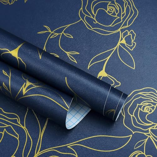 Image of FOKRIM Wallpaper for Walls Sticker Peel and Stick Removable Self Adhesive Waterproof Wall Paper for Home Kids Room Play Room (Blue Gold)